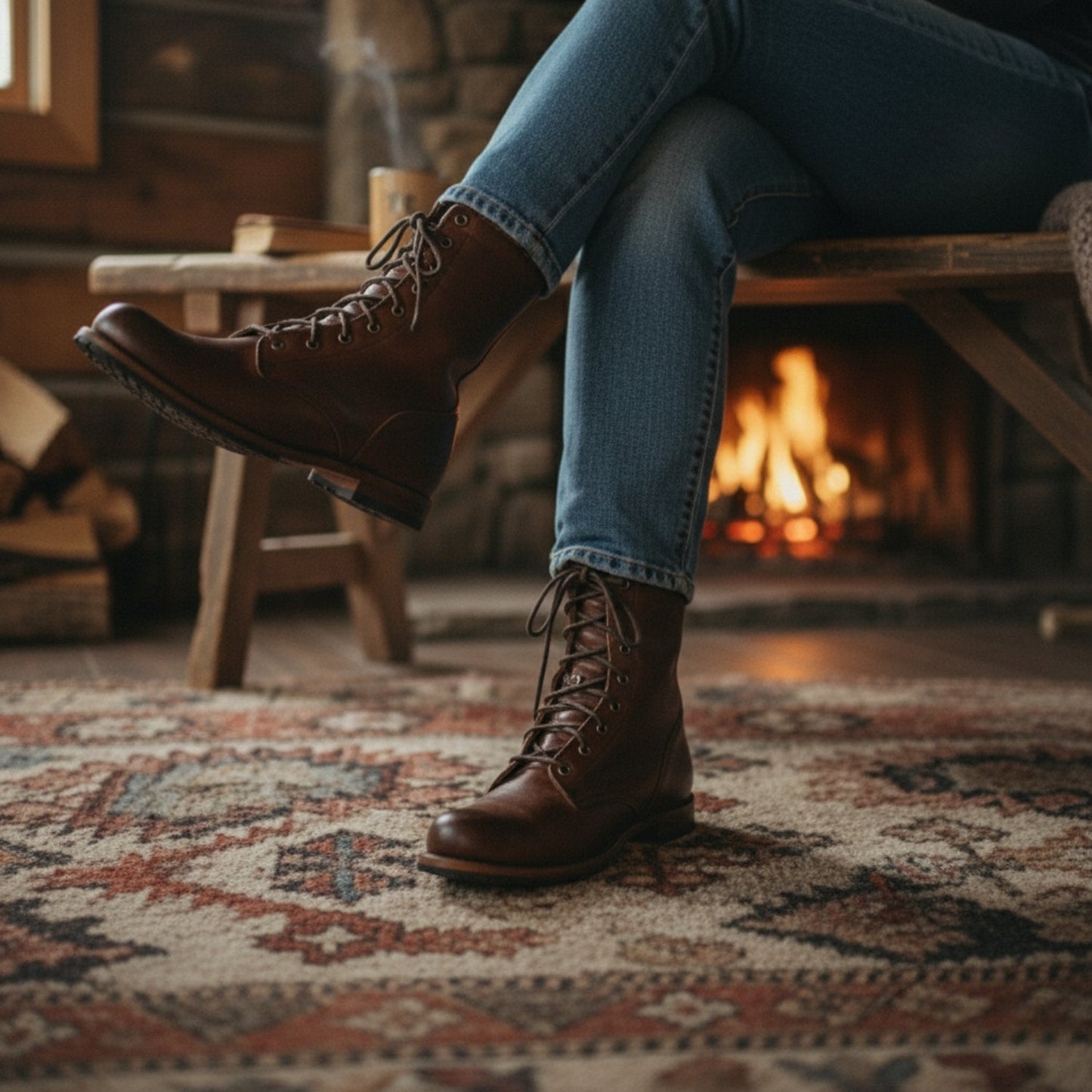 Eveloria Damen Schnürstiefel Leder Runde Zehe Robust Mittelhohes