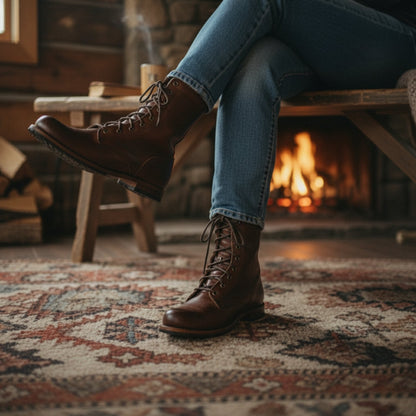Eveloria Damen Schnürstiefel Leder Runde Zehe Robust Mittelhohes