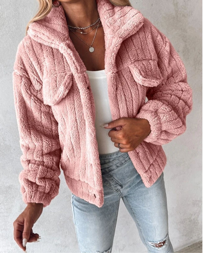 Damen Teddyjacke Kurz Reverskragen Kuschelig Braun