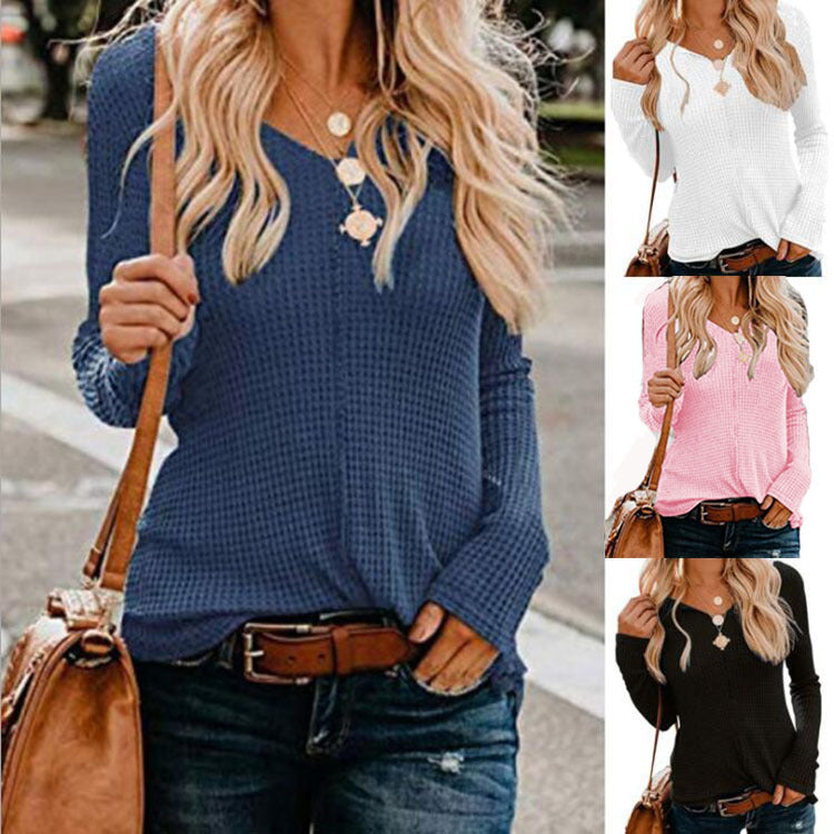 Damen Waffelpullover V-Ausschnitt Lässiger Schnitt Eveloria - Eveloria