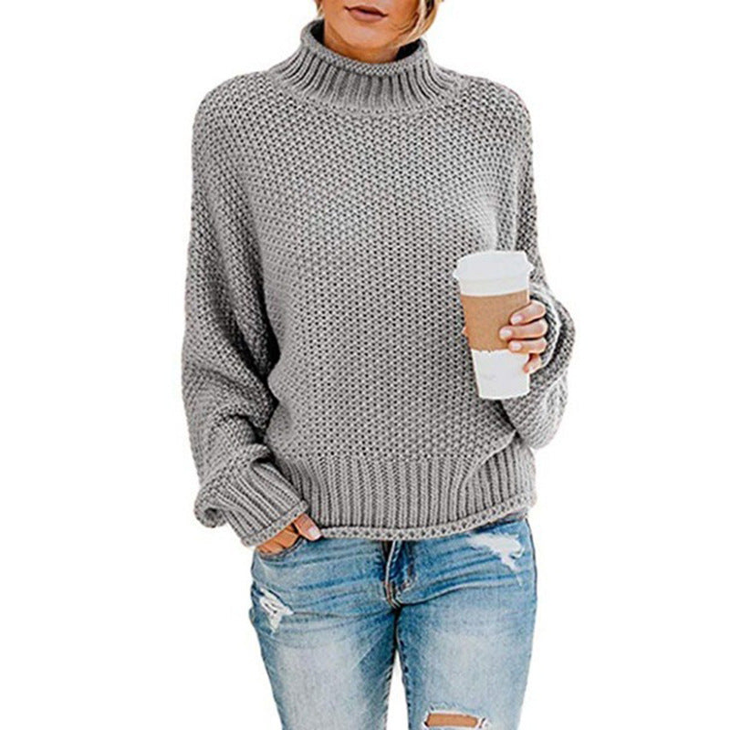 Damen Grobstrickpullover Hochkragen Weit Schnitt Eveloria
