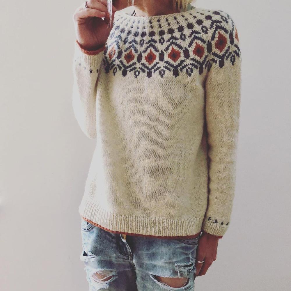 Damen Norweger Strickpullover Rundhals Geometrisches Muster