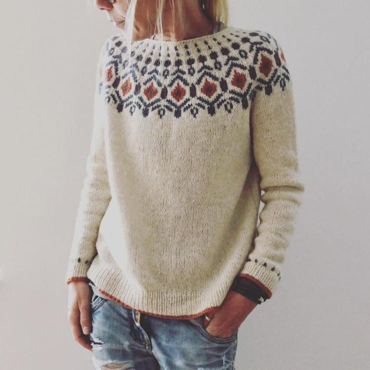Damen Norweger Strickpullover Rundhals Geometrisches Muster - Eveloria