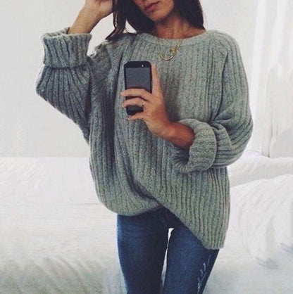 Damen Strickpullover Oversized Gerippt Weite Ärmel Beige