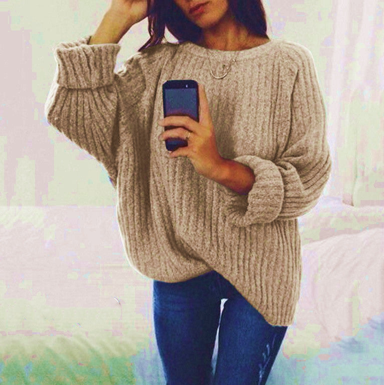 Damen Strickpullover Oversized Gerippt Weite Ärmel Beige