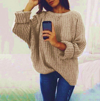 Damen Strickpullover Oversized Gerippt Weite Ärmel Beige