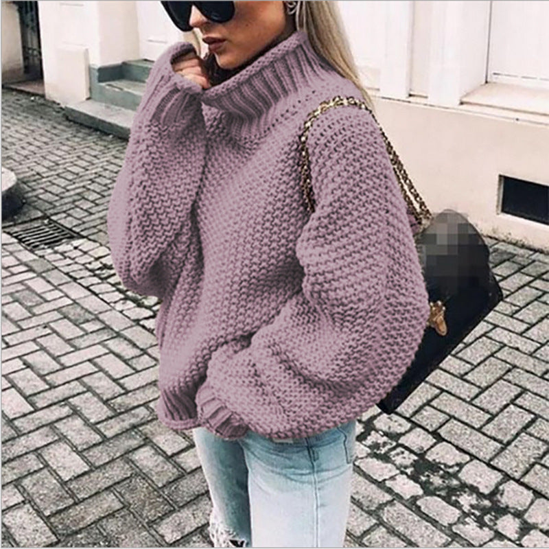 Damen Grobstrickpullover Hochkragen Weit Schnitt Eveloria