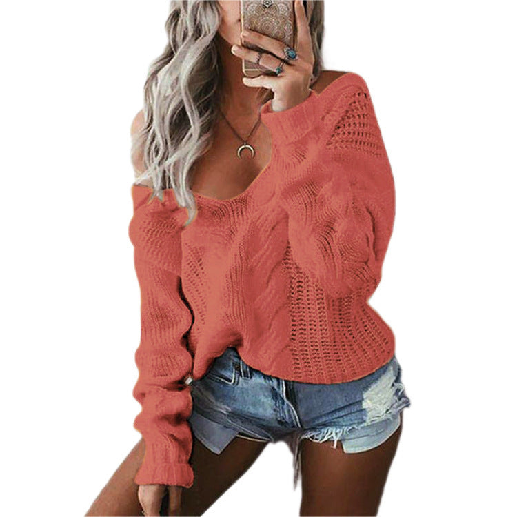 Damen Pullover Grobstrick Schulterfrei Zopfmuster Beige - Eveloria