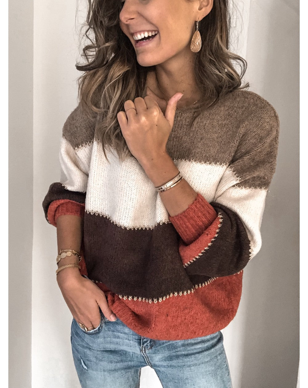 Damen Strickpullover Farbblock Optik Lässiger Schnitt