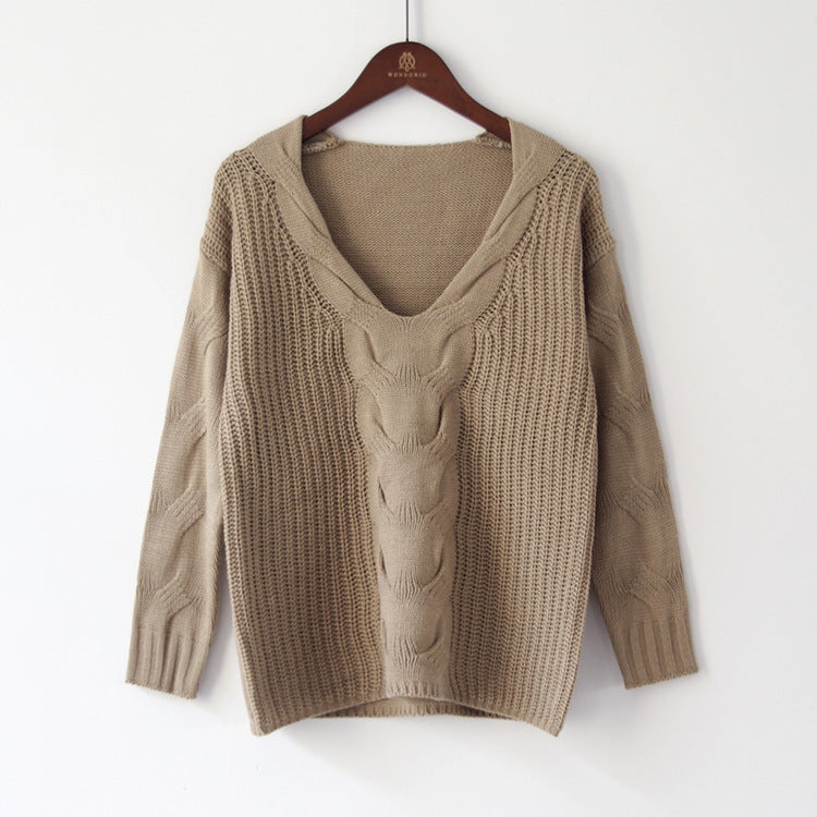Damen Pullover Grobstrick Schulterfrei Zopfmuster Beige