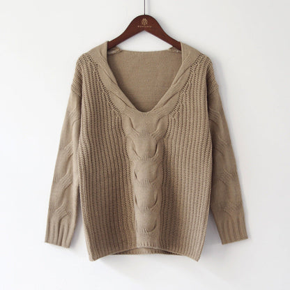 Damen Pullover Grobstrick Schulterfrei Zopfmuster Beige