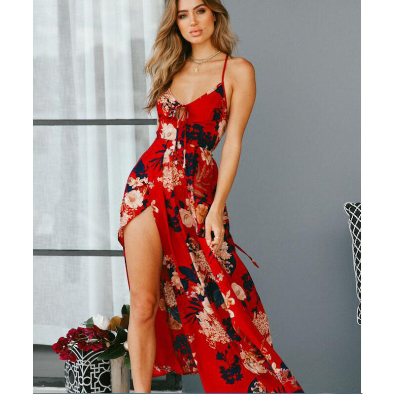 Damen Maxi-Kleid Floralmuster Schlitz
