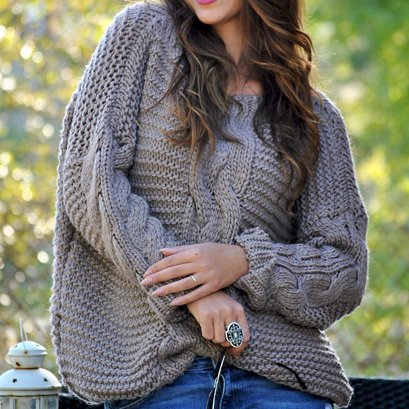 Damen Grobstrickpullover Zopfmuster Überschnittene Schultern