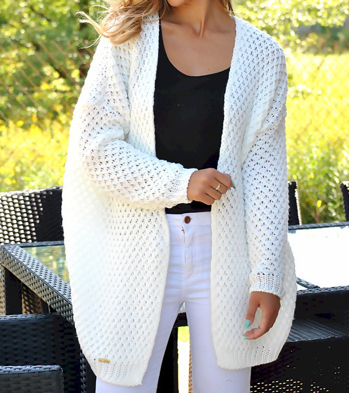 Damen Strickjacke Grobstrick Lochmuster Lang