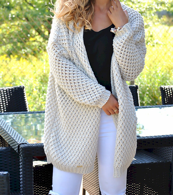 Damen Strickjacke Grobstrick Lochmuster Lang