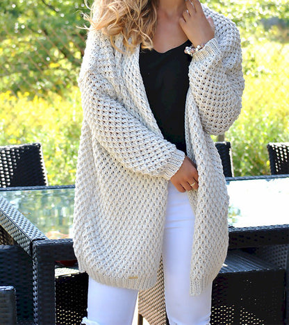 Damen Strickjacke Grobstrick Lochmuster Lang