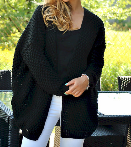 Damen Strickjacke Grobstrick Lochmuster Lang