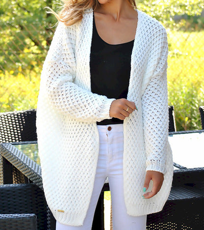 Damen Strickjacke Grobstrick Lochmuster Lang