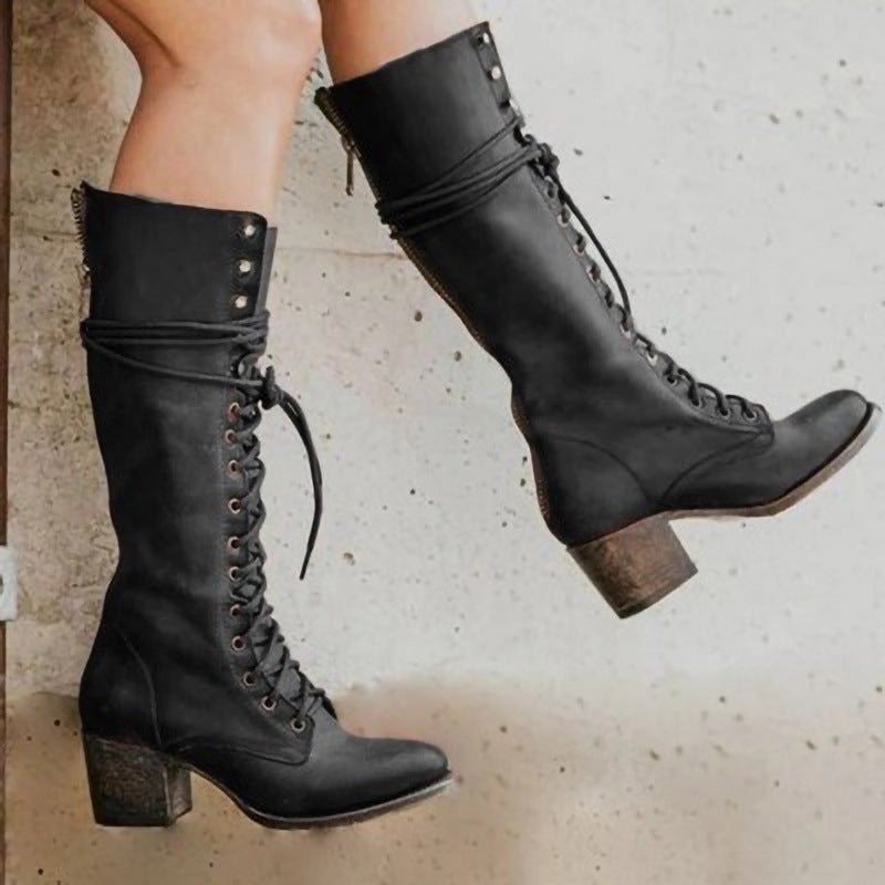 Damen Kniehohe Stiefel Frontschnürung Blockabsatz - Eveloria