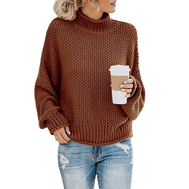 Damen Grobstrickpullover Hochkragen Weit Schnitt Eveloria