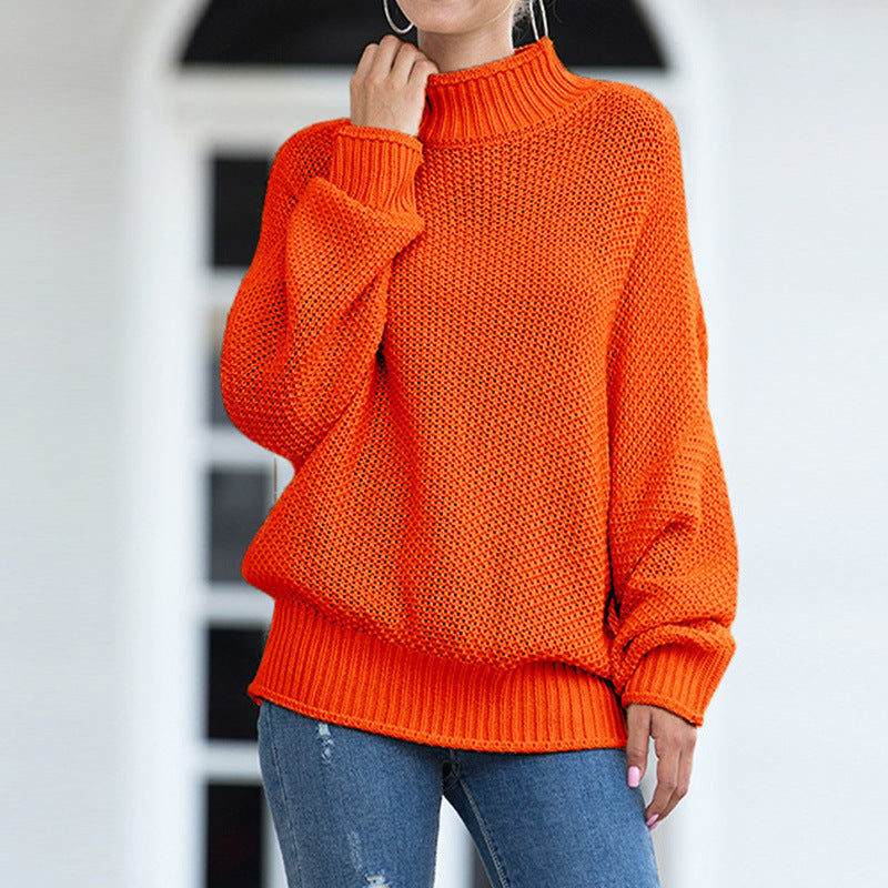 Damen Grobstrickpullover Hohler Kragen Weite Ärmel Beige
