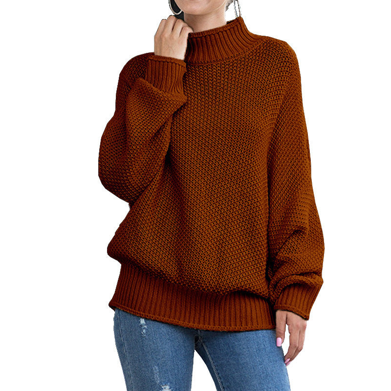 Damen Grobstrickpullover Hohler Kragen Weite Ärmel Beige
