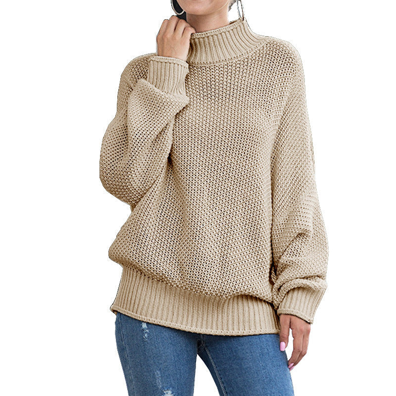 Damen Grobstrickpullover Hohler Kragen Weite Ärmel Beige
