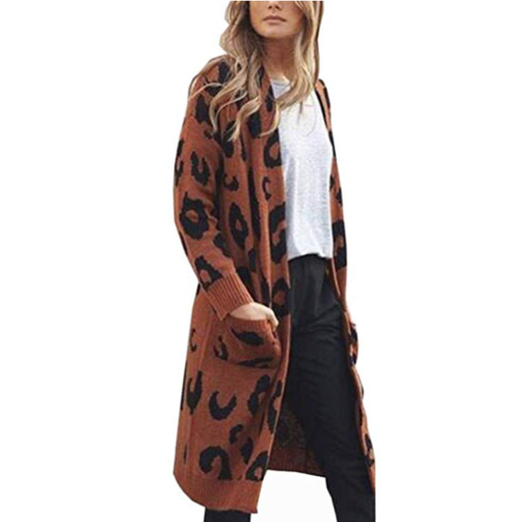 Damen Cardigan Grobstrick Animal-Print mit Taschen