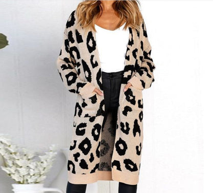 Damen Cardigan Grobstrick Animal-Print mit Taschen