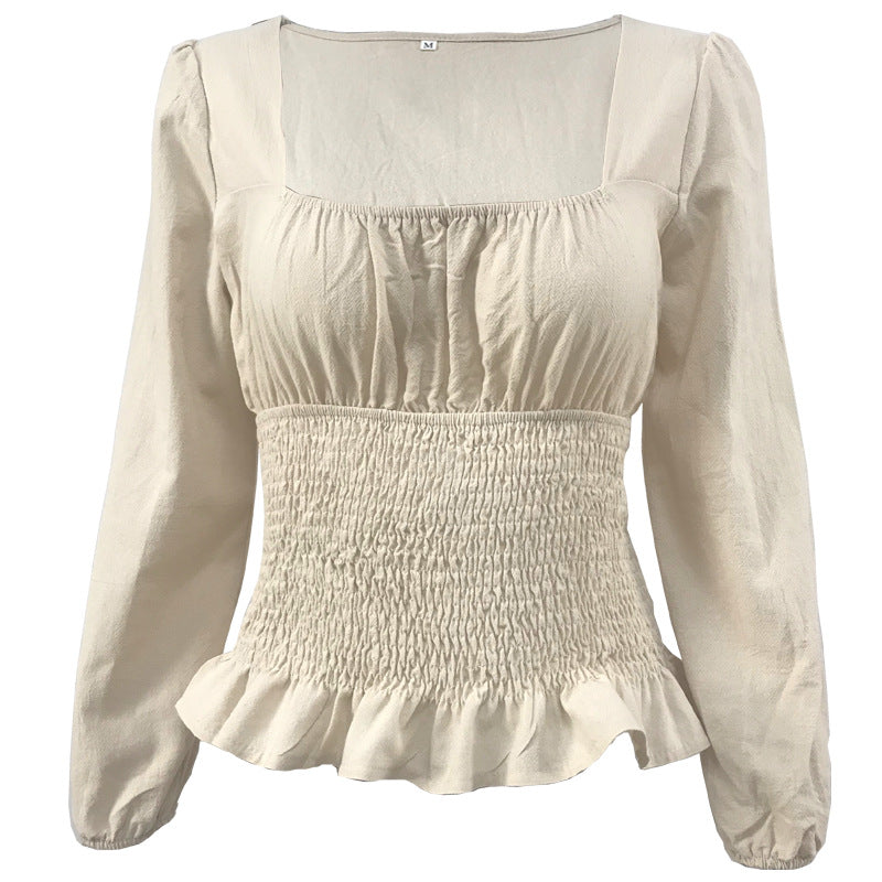 Damen Bluse Elastisch Rüschensaum Länge Lang Ärmel Eveloria