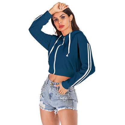 Damen Cropped Kapuzenpullover Hochwertiger Stoff Seitliche Streifen