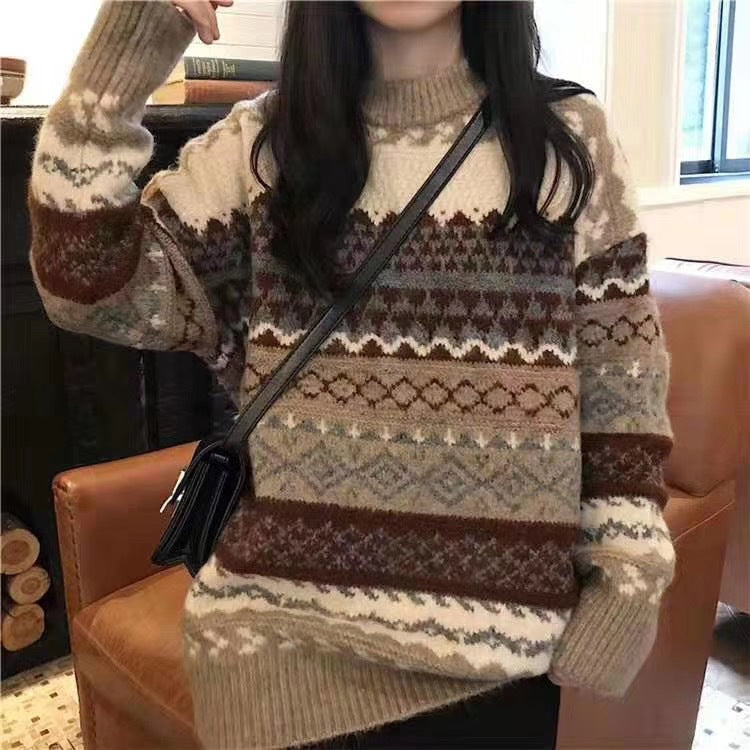 Damen Strickpullover Retro-Muster Baumwolle Beige