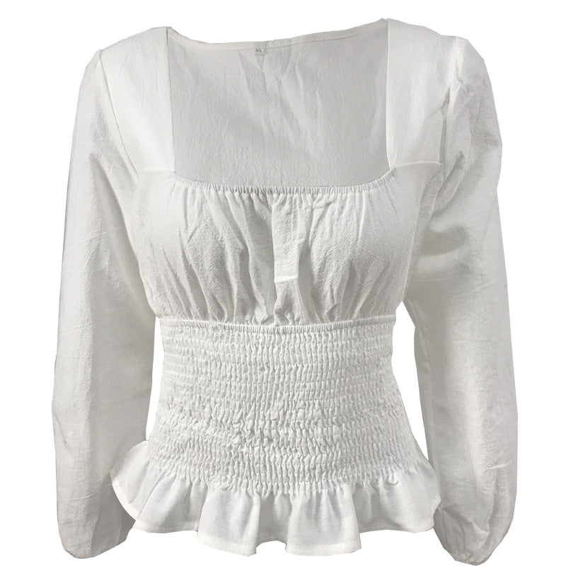 Damen Bluse Elastisch Rüschensaum Länge Lang Ärmel Eveloria