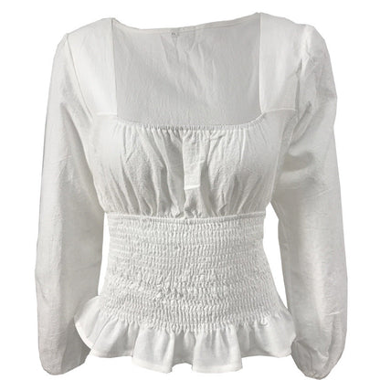 Damen Bluse Elastisch Rüschensaum Länge Lang Ärmel Eveloria