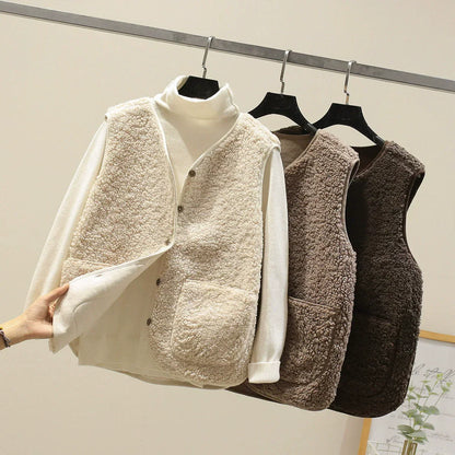 Damen Teddyweste Relaxed Fit V-Ausschnitt mit Knöpfen und Taschen