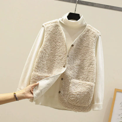 Damen Teddyweste Relaxed Fit V-Ausschnitt mit Knöpfen und Taschen