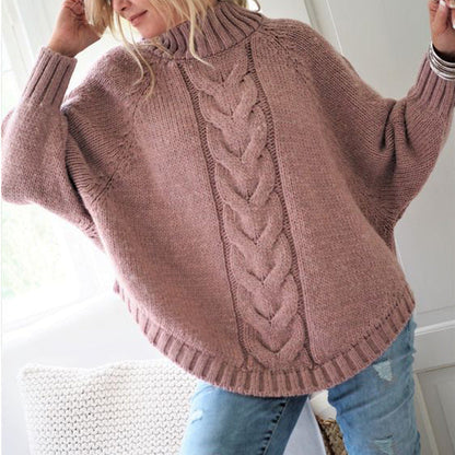 Damen Grobstrickpullover Hochkragen Zopfmuster