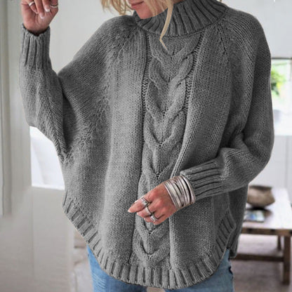 Damen Grobstrickpullover Hochkragen Zopfmuster