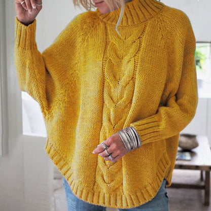 Damen Oversize Strickpullover Rollkragen Zopfmuster