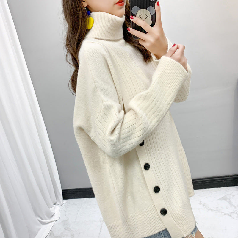 Damen Stehkragenpullover Kuschelig Knopfdetail Eveloria