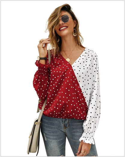 Damen Bluse Asymmetrisches Punkten-Design Elastische Ärmel
