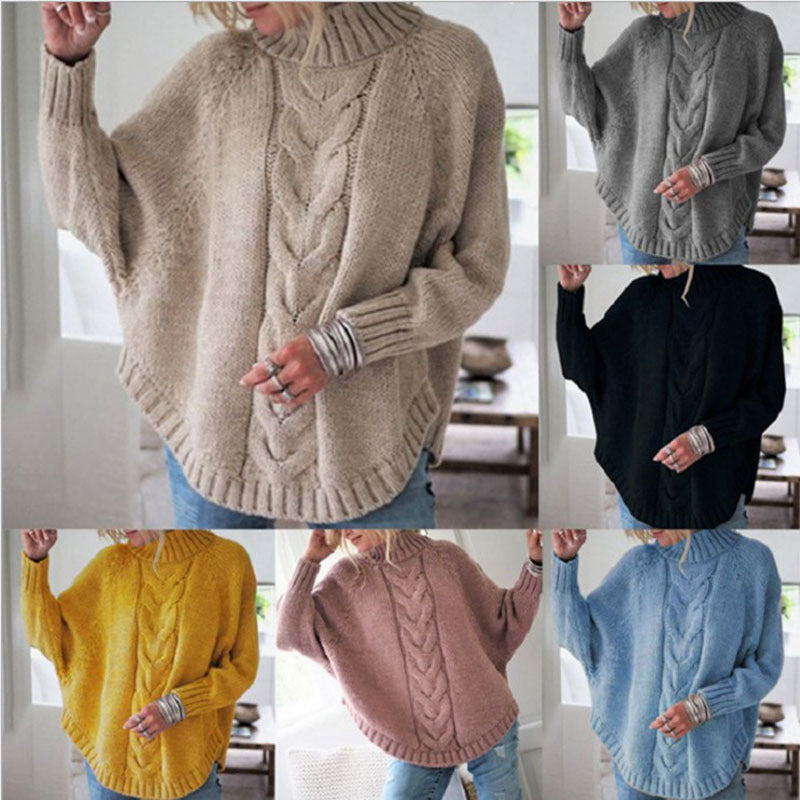 Damen Oversize Strickpullover Rollkragen Zopfmuster - Eveloria