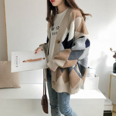 Damen Grobstrickjacke Rautenmuster Komfortschnitt