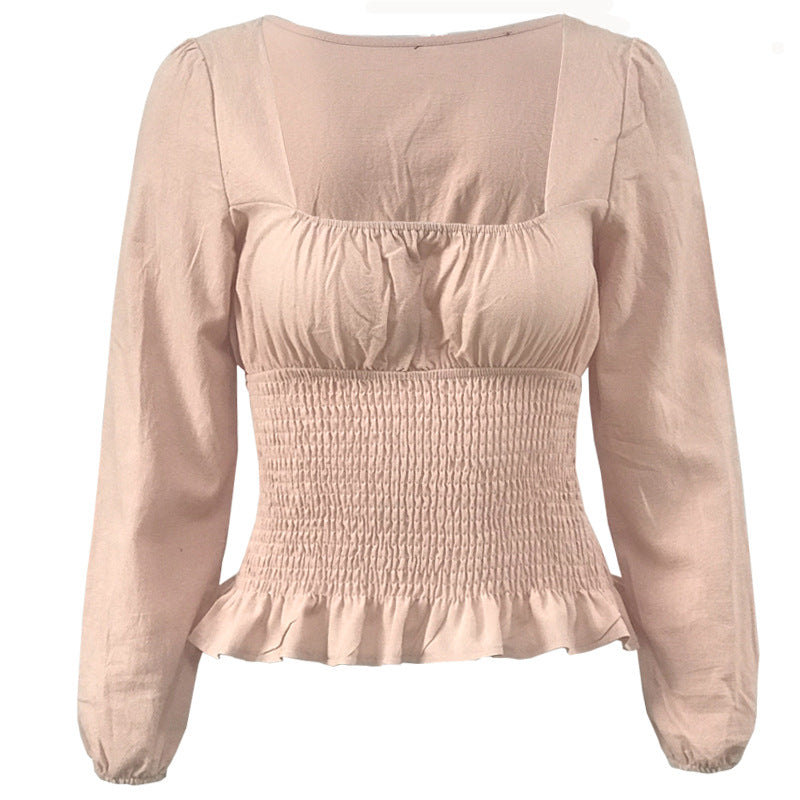 Damen Bluse Elastisch Rüschensaum Länge Lang Ärmel Eveloria