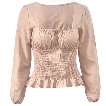 Damen Bluse Elastisch Rüschensaum Länge Lang Ärmel Eveloria