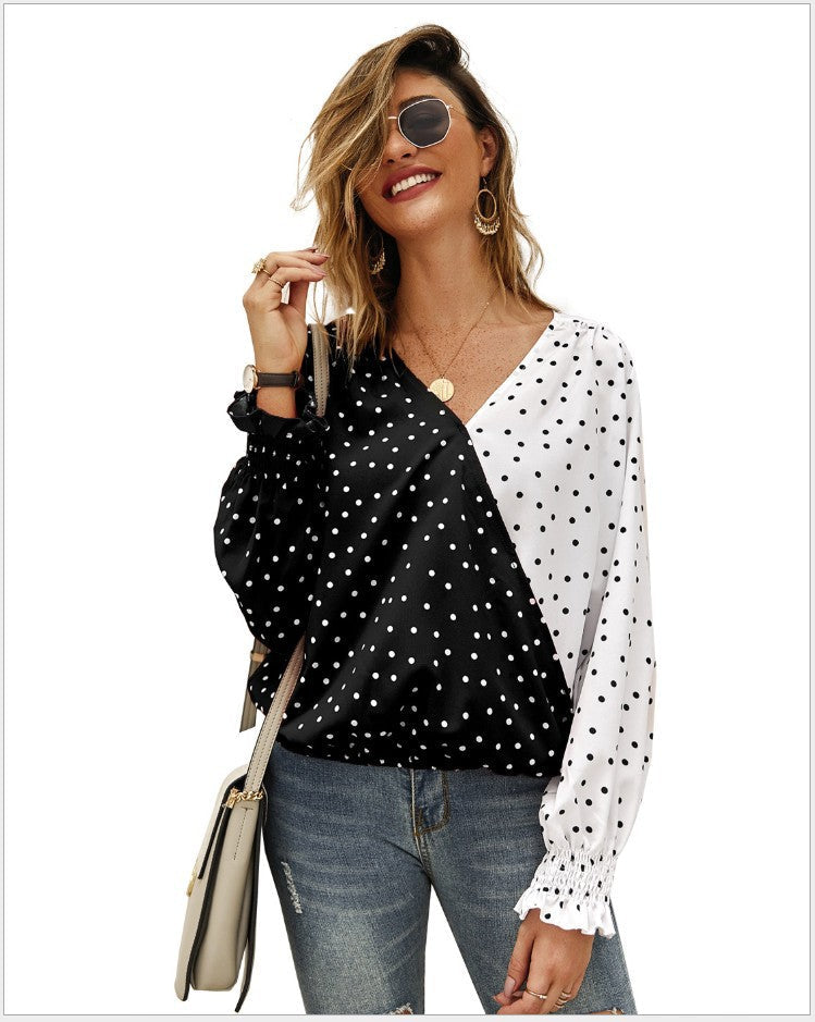 Damen Bluse Asymmetrisches Punkten-Design Elastische Ärmel