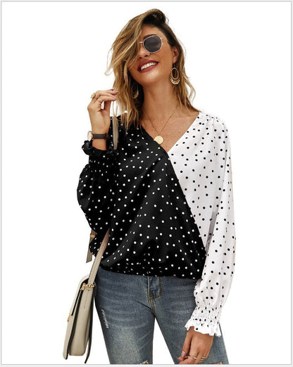 Damen Bluse Asymmetrisches Punkten-Design Elastische Ärmel