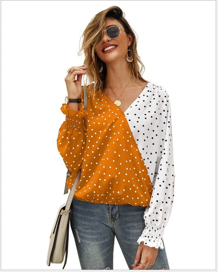 Damen Bluse Asymmetrisches Punkten-Design Elastische Ärmel