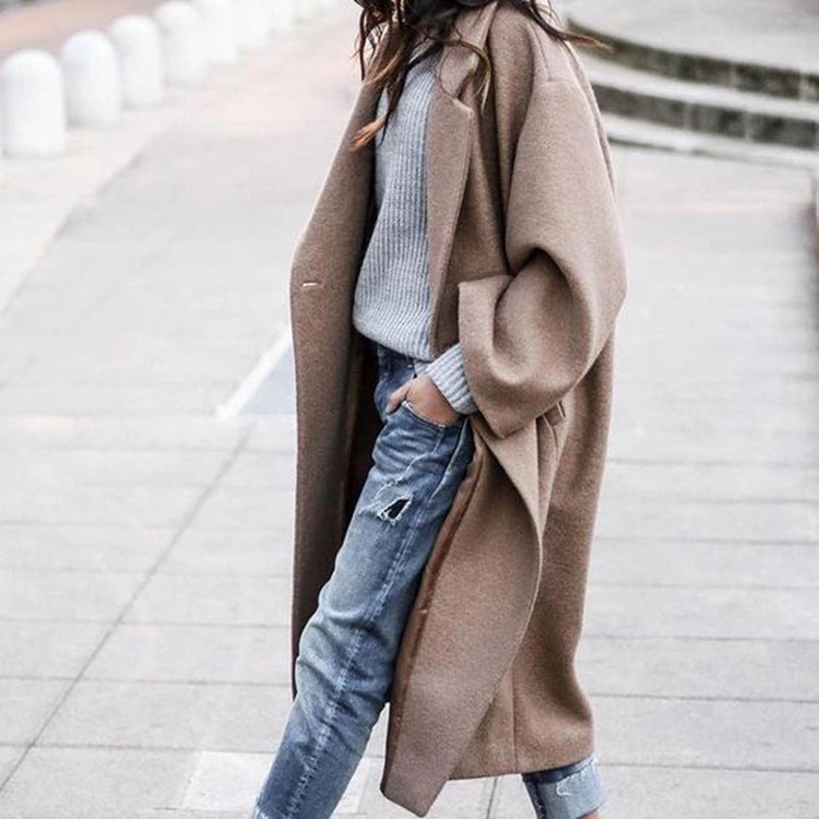Damen Oversize Wollmantel Reverskragen Beige Eveloria