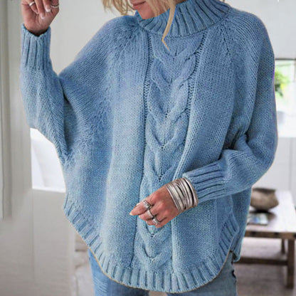 Damen Oversize Strickpullover Rollkragen Zopfmuster